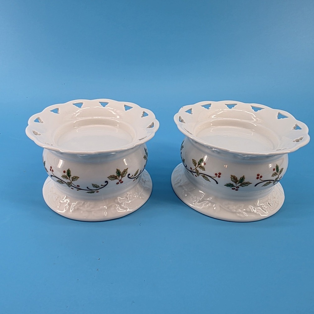 Mikasa Holiday Lace RL050 Ceramic Candle Holder Set of 2 Holly Berry 3 inch
